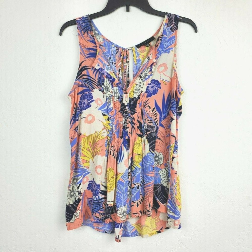 Sanctuary Womens Top XS Sleeveless Peach Pink Floral Pintuck Pleats Keyhole Back